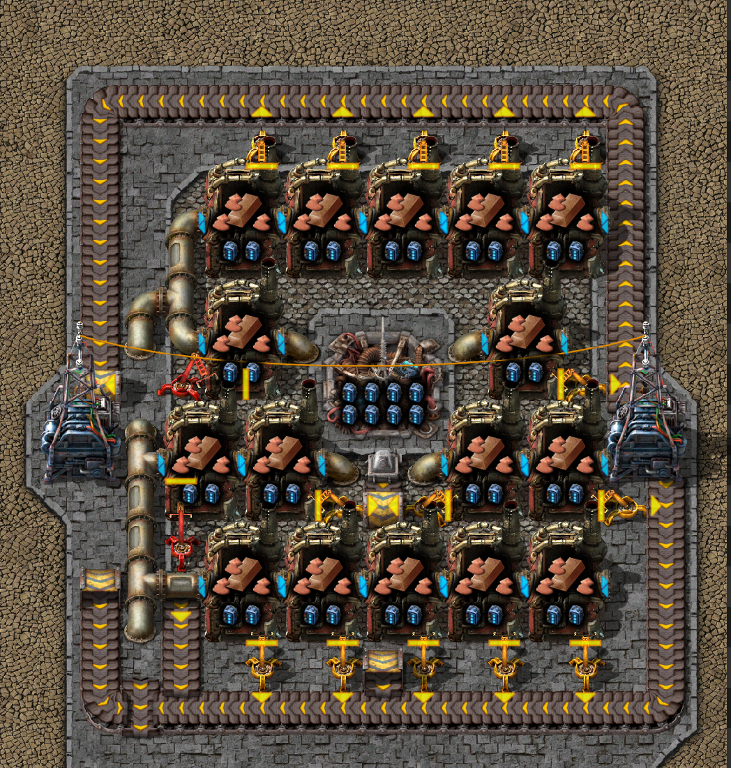 A copper smelting setup where a beacon is surrounded by casting
machines